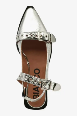 Bianco Sandaler & Sandaler Med Hæl>Slingback biaVictoria Buckle Tumbled Metallic Leather Sølvfarvet