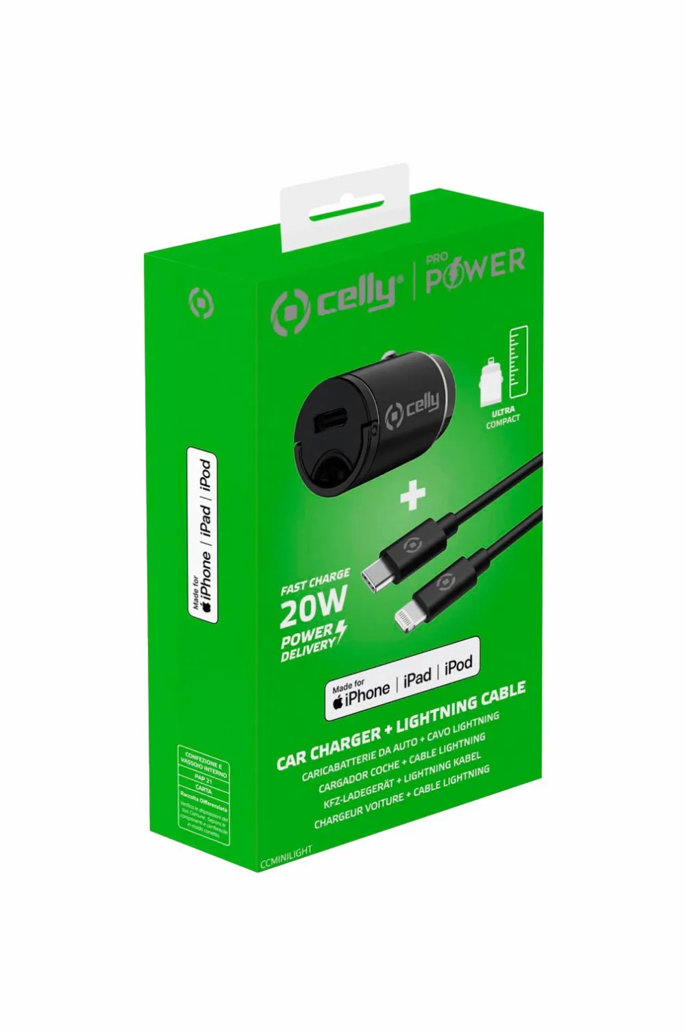 Celly Biloplader Mini USB-C PD 20W + USB-C til Lightning-kabel No color Clearance