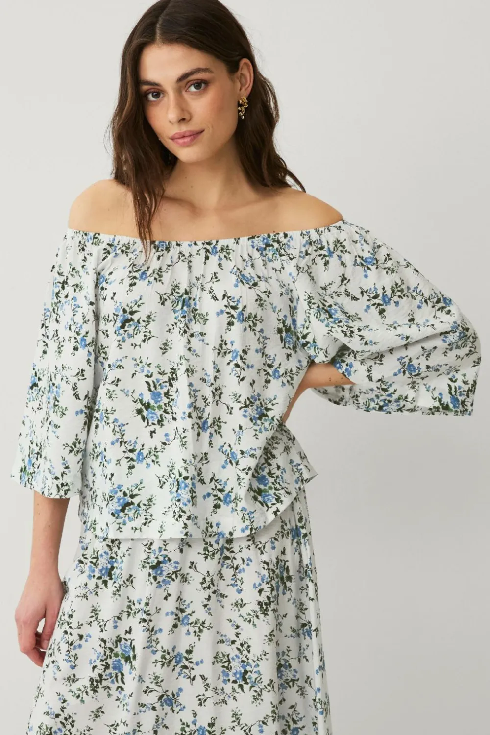 Ellos Skjorter & Bluser>Collection Bluse uden skuldre Blåmønstret