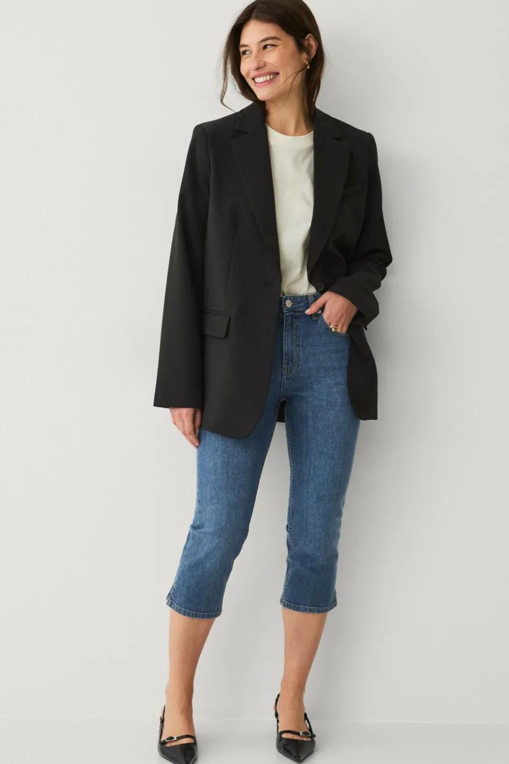 Ellos Jeans>Collection Caprijeans Mellanblå