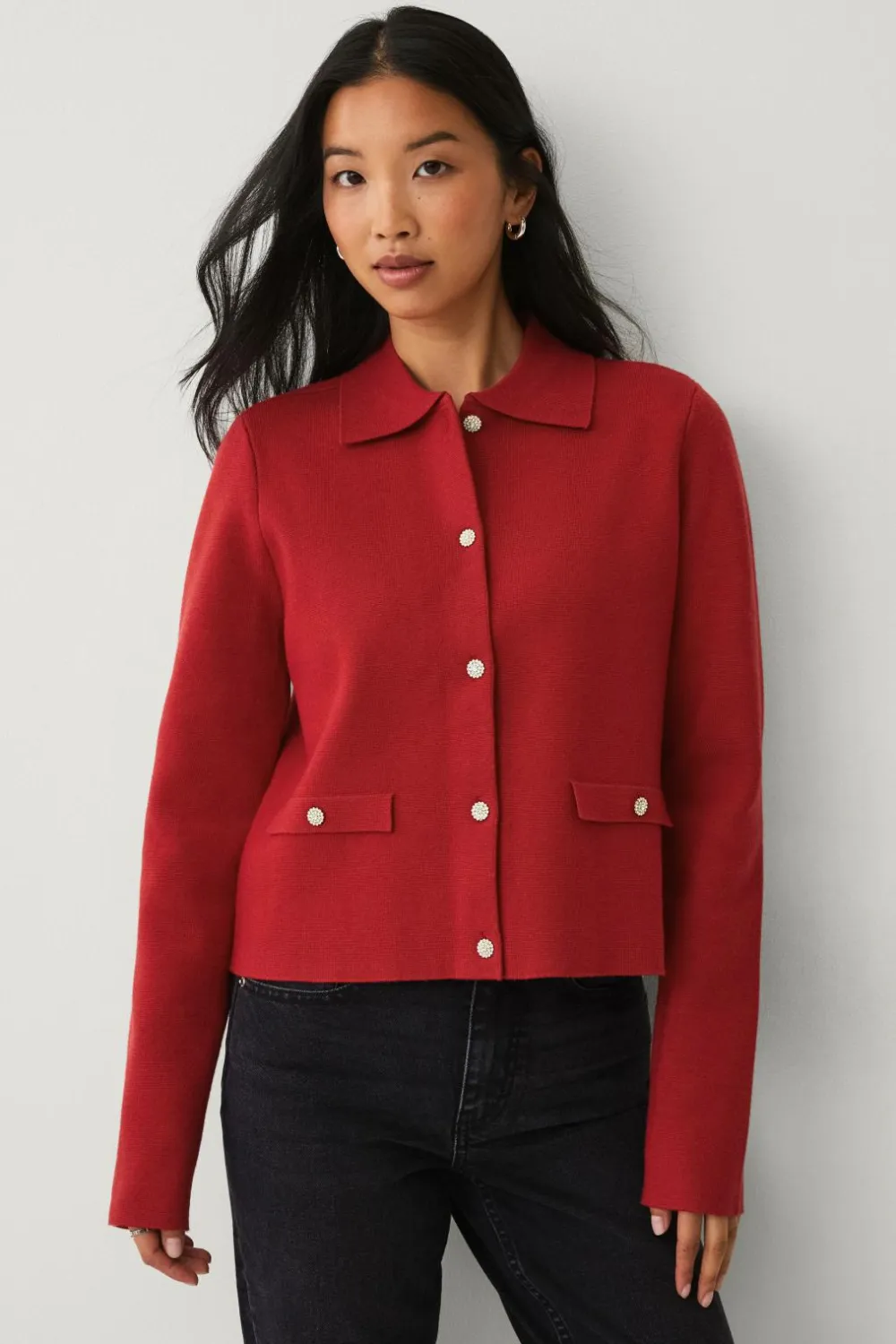 Ellos Trøjer & Cardigans>Collection Cardigan med glitrende knapper rød