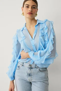 Ellos Skjorter & Bluser>Collection Chiffonbluse med flæser og knaplukning Blå