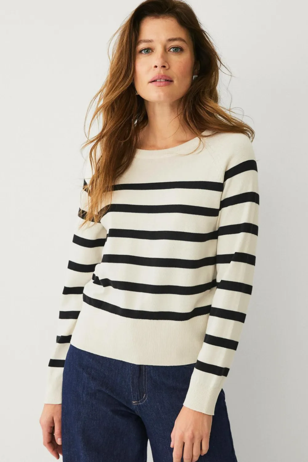 Ellos Basistøj>Collection Fintstrikket Pullover Beige/sort stribet