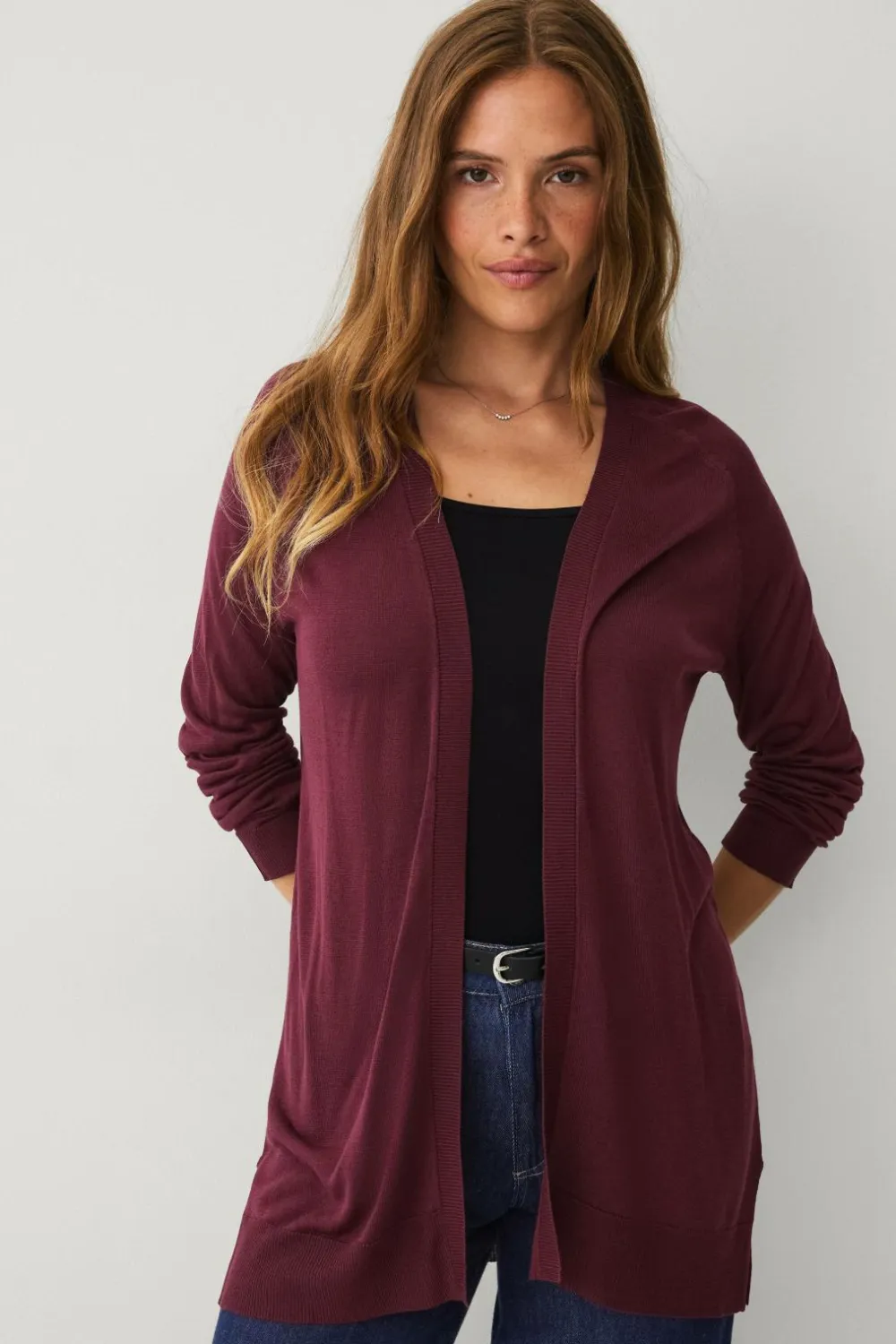Ellos Basistøj>Collection Fintstrikket cardigan Vinrød