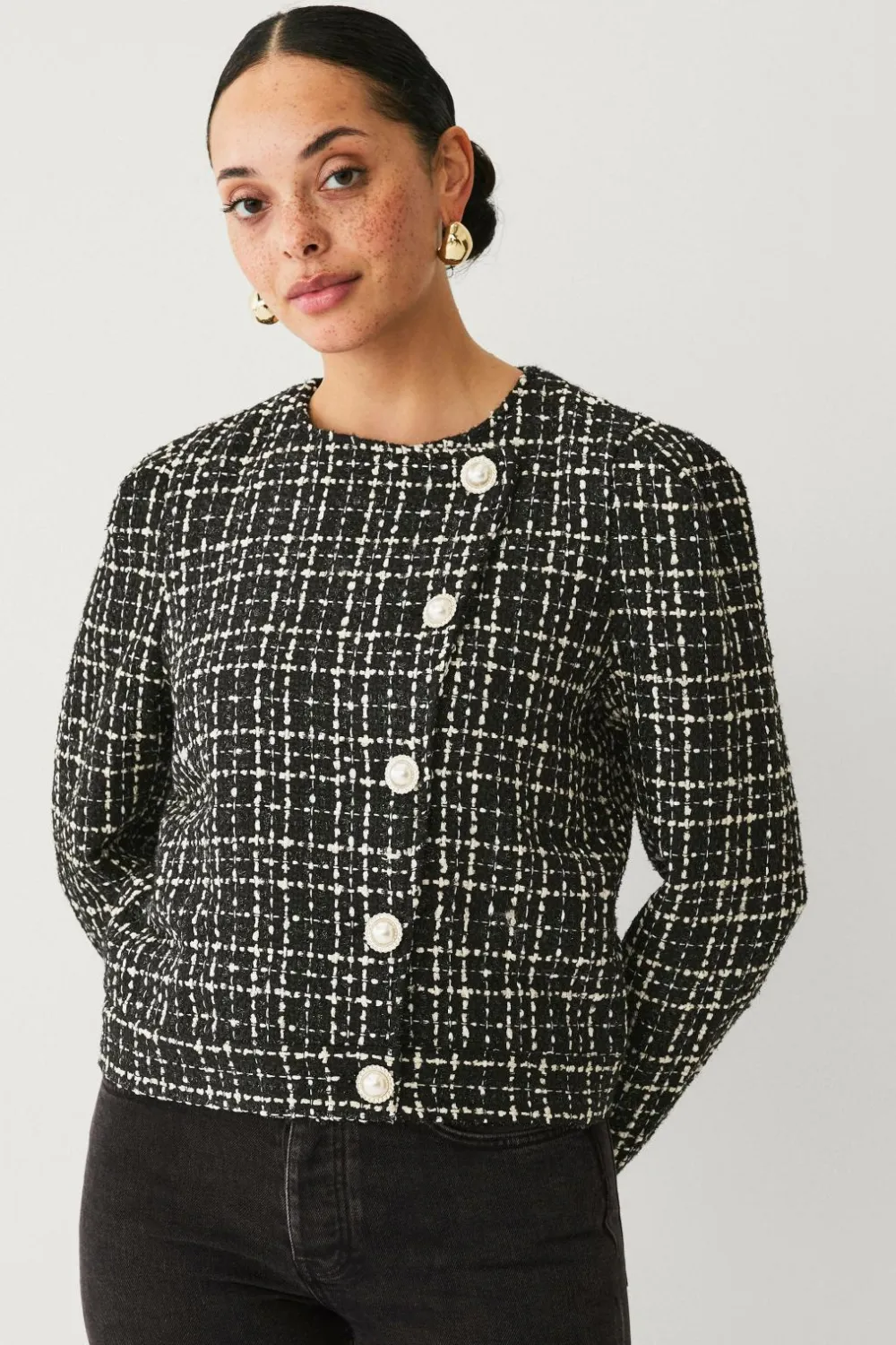 Ellos Blazere & Veste>Collection Habitjakke med perleknaper Sort/hvid