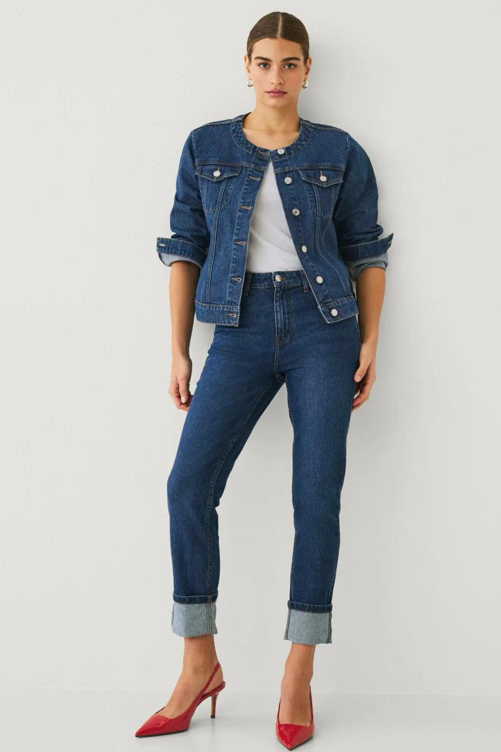 Ellos Jeans>Collection Jeans Slim Straight Folded Mørkeblå