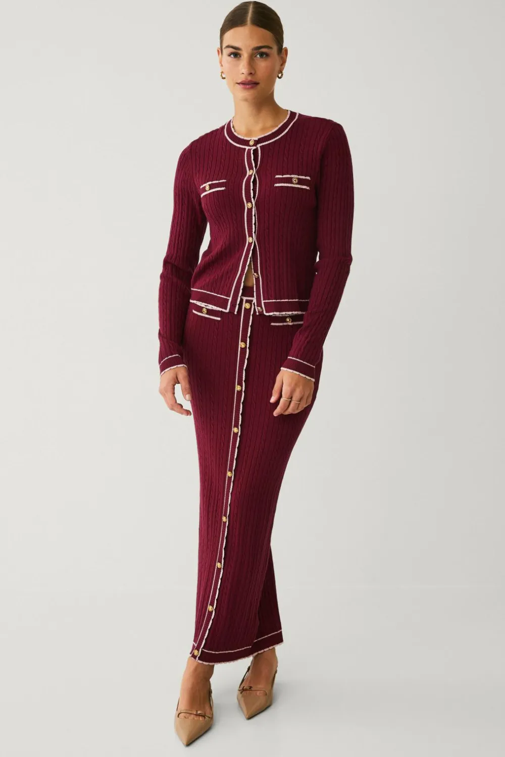 Ellos Nederdele>Collection Kabelstrikket maxi nederdel vinrød