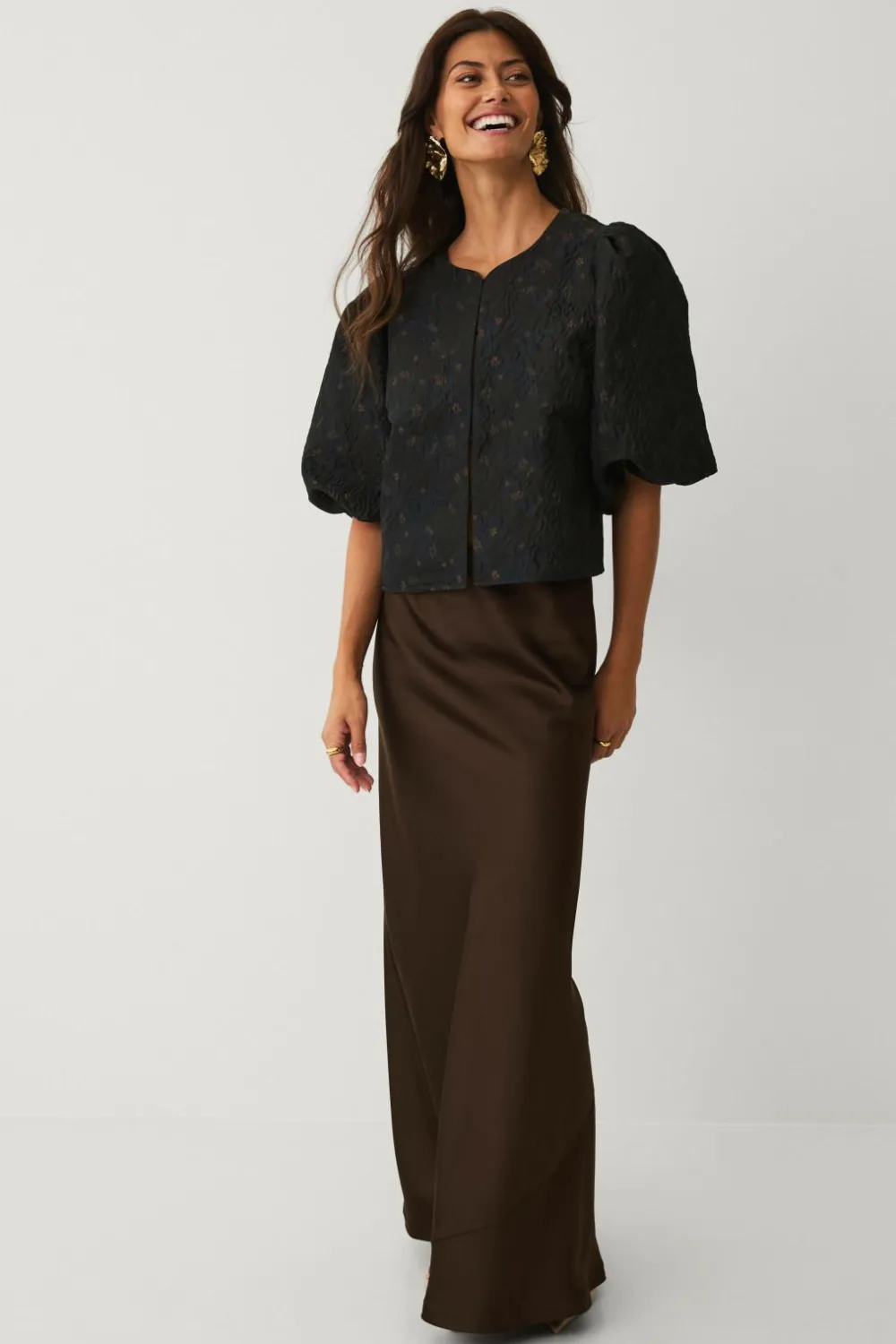 Ellos Blazere & Veste>Collection Kort blusejakke med blomstermønster mørkebrun aop