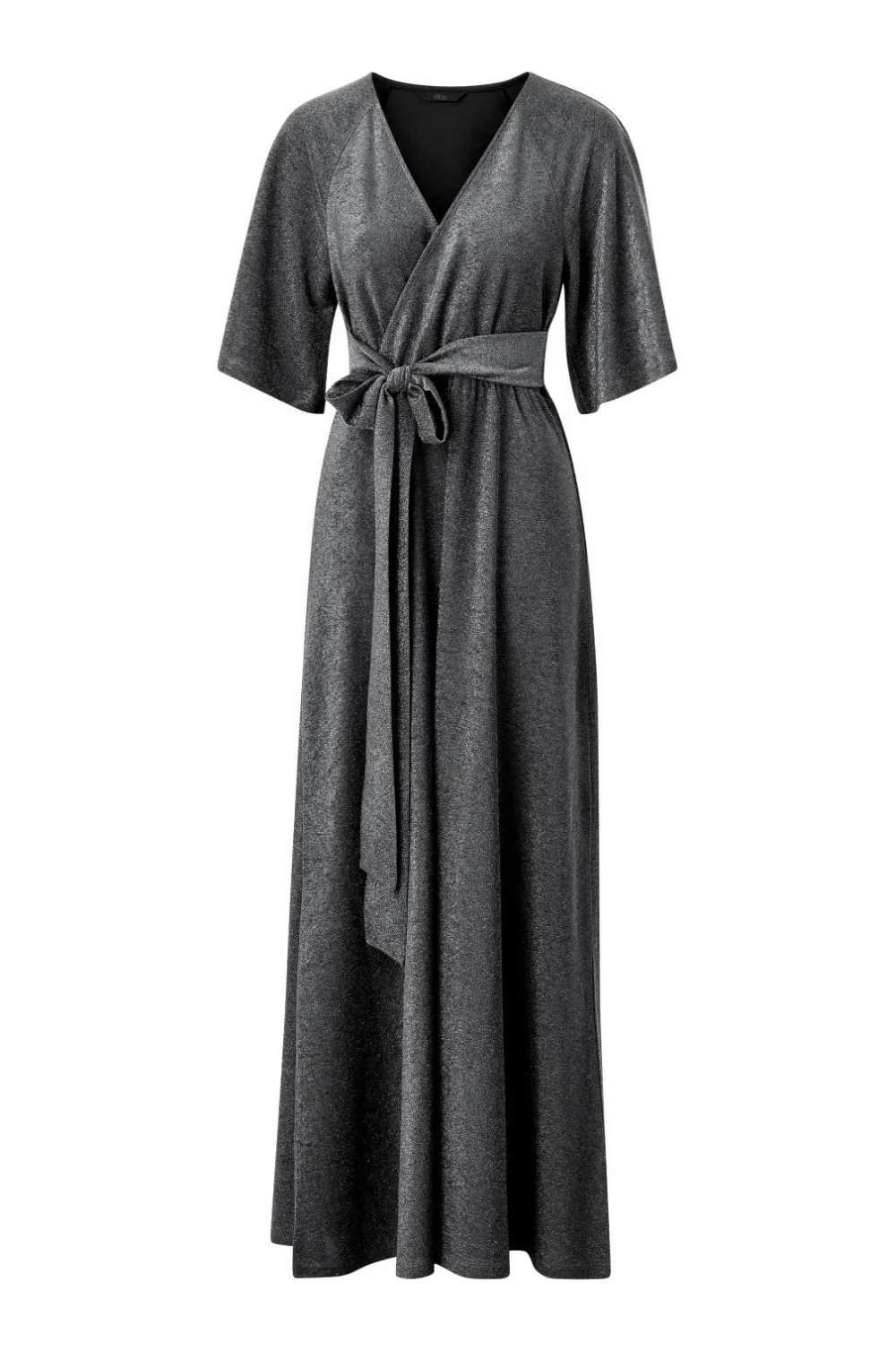 Ellos Kjoler>Collection Maxi kjole i lurex med bindebælte sølv lurex