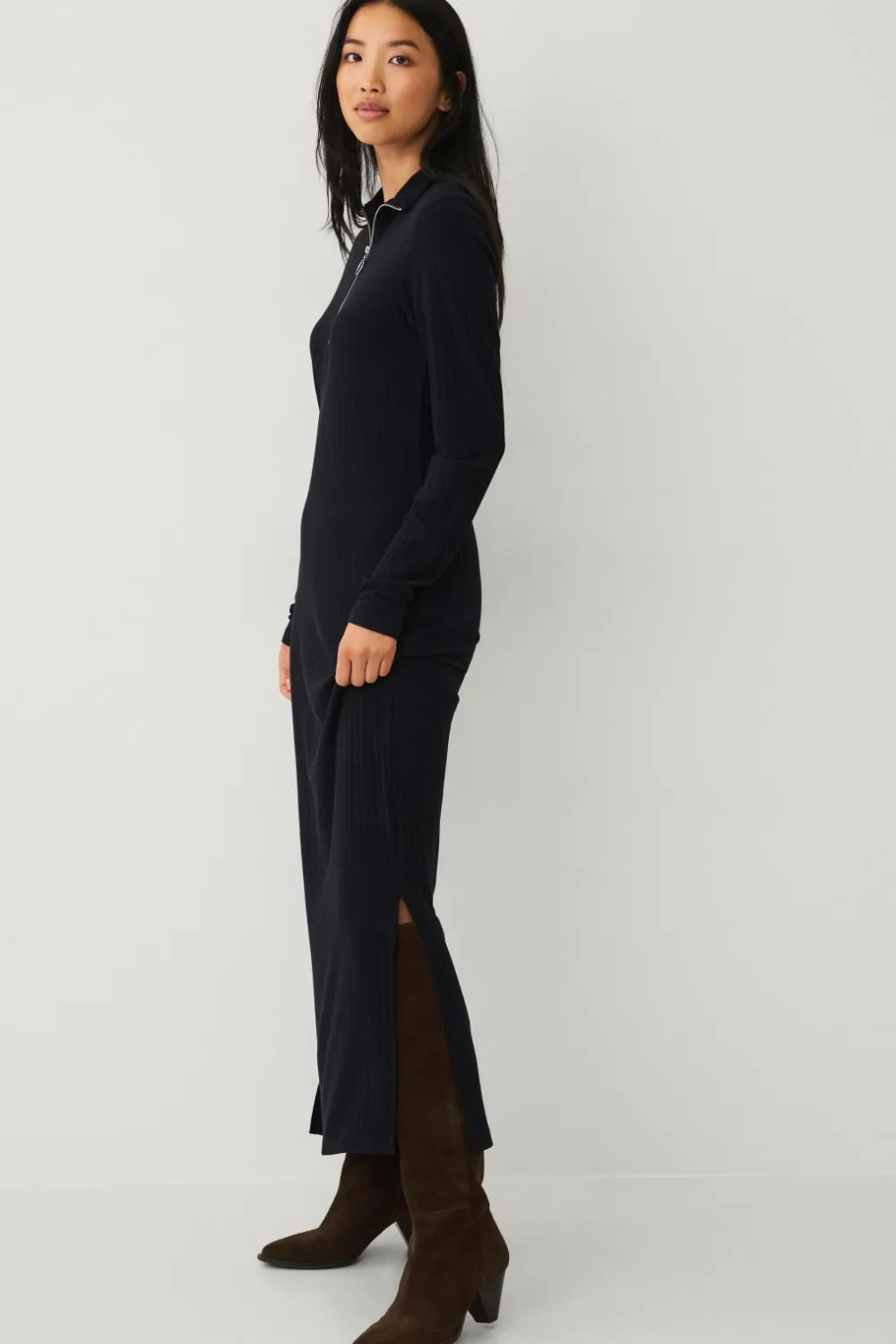 Ellos Collection Ribbet kjole med halv halfzip sort Discount