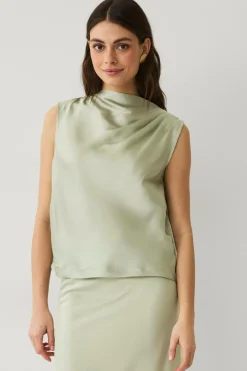 Ellos Toppe & Tank-Toppe>Collection Ærmeløs satinbluse med drapering Lysegrøn