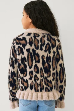 Ellos Collection Strikket trøje med flæser leopardmønstret Discount