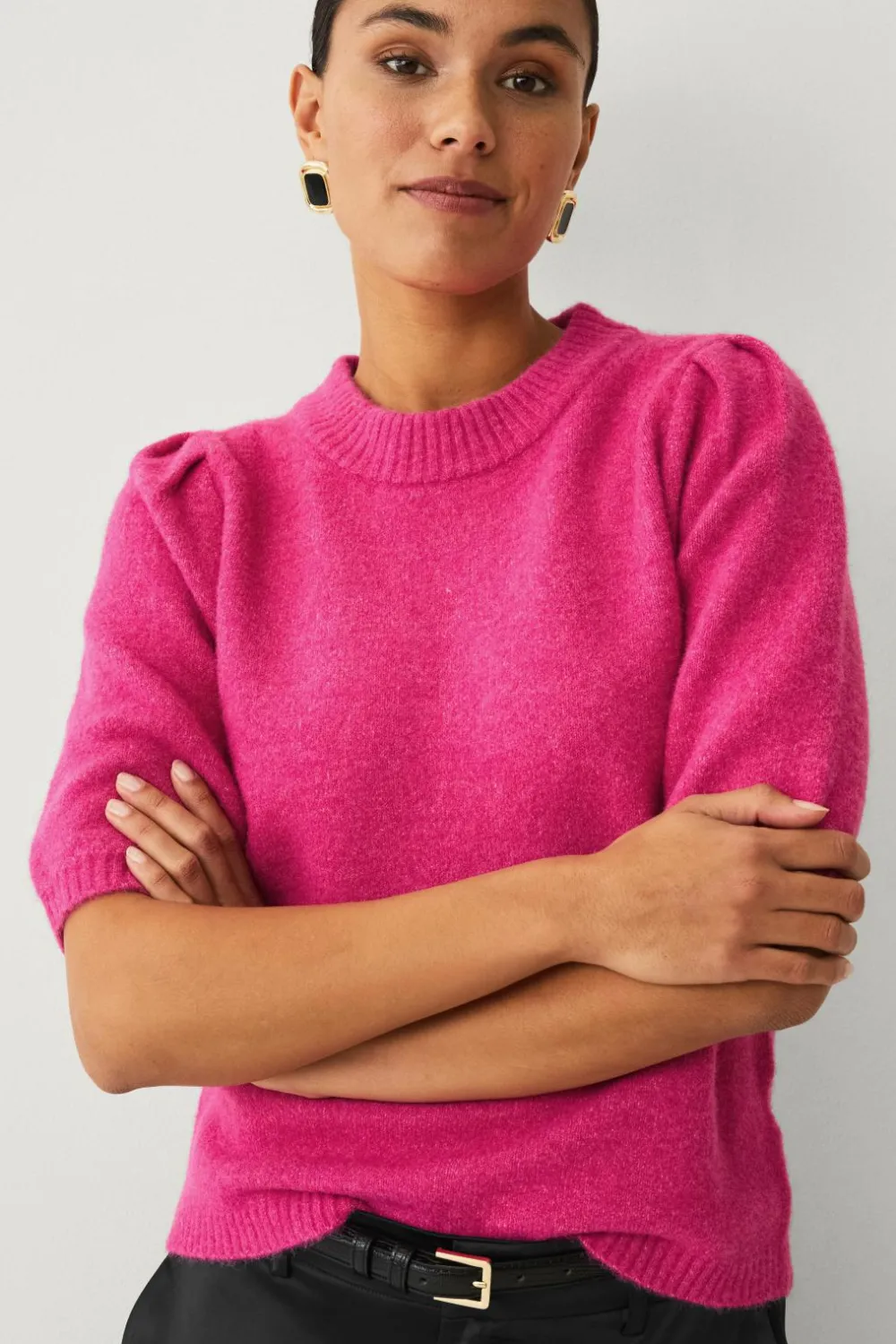 Ellos Trøjer & Cardigans>Collection Strikket trøje med pufærmer rosa