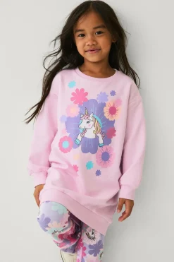 Ellos Kjoler>Collection Sweatshirtkjole med tryk rosa enhjørning