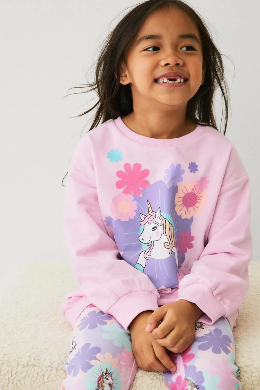 Ellos Kjoler>Collection Sweatshirtkjole med tryk rosa enhjørning
