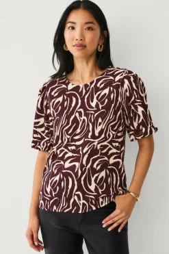Ellos Collection Top med pufærmer Bordeaux cremefarvet mønstret Discount