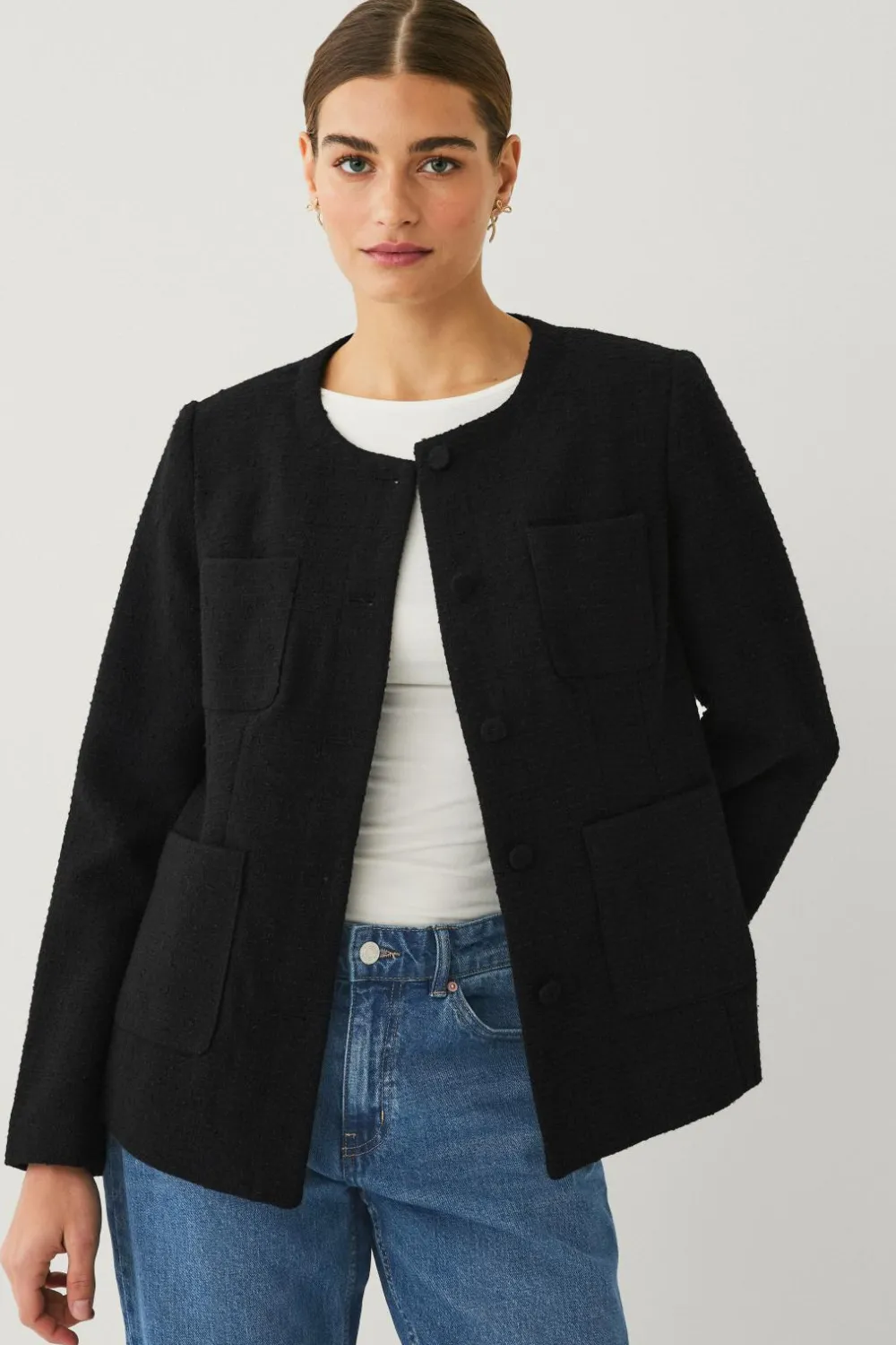Ellos Blazere & Veste>Collection Tæt på figuren blazer i struktur med påklædte knapper Sort