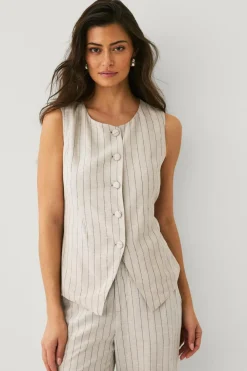 Ellos Collection Vest i hørmix Beigestribet New