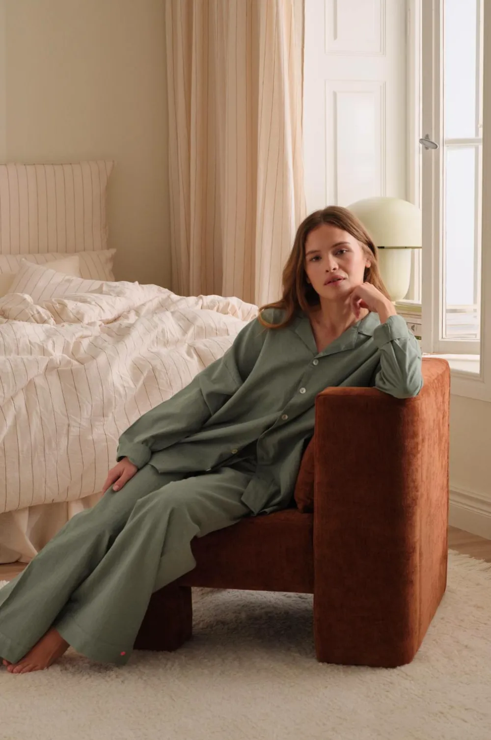 Ellos Home Natbukser Pyjama Pant Elly i genanvendt halvlinned Aquagrøn Hot