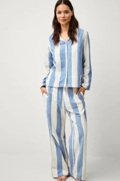 Ellos Homewear>Home Pyjamasskjorte Valerie Block Stripe Long Sleeve Blå/cremehvid