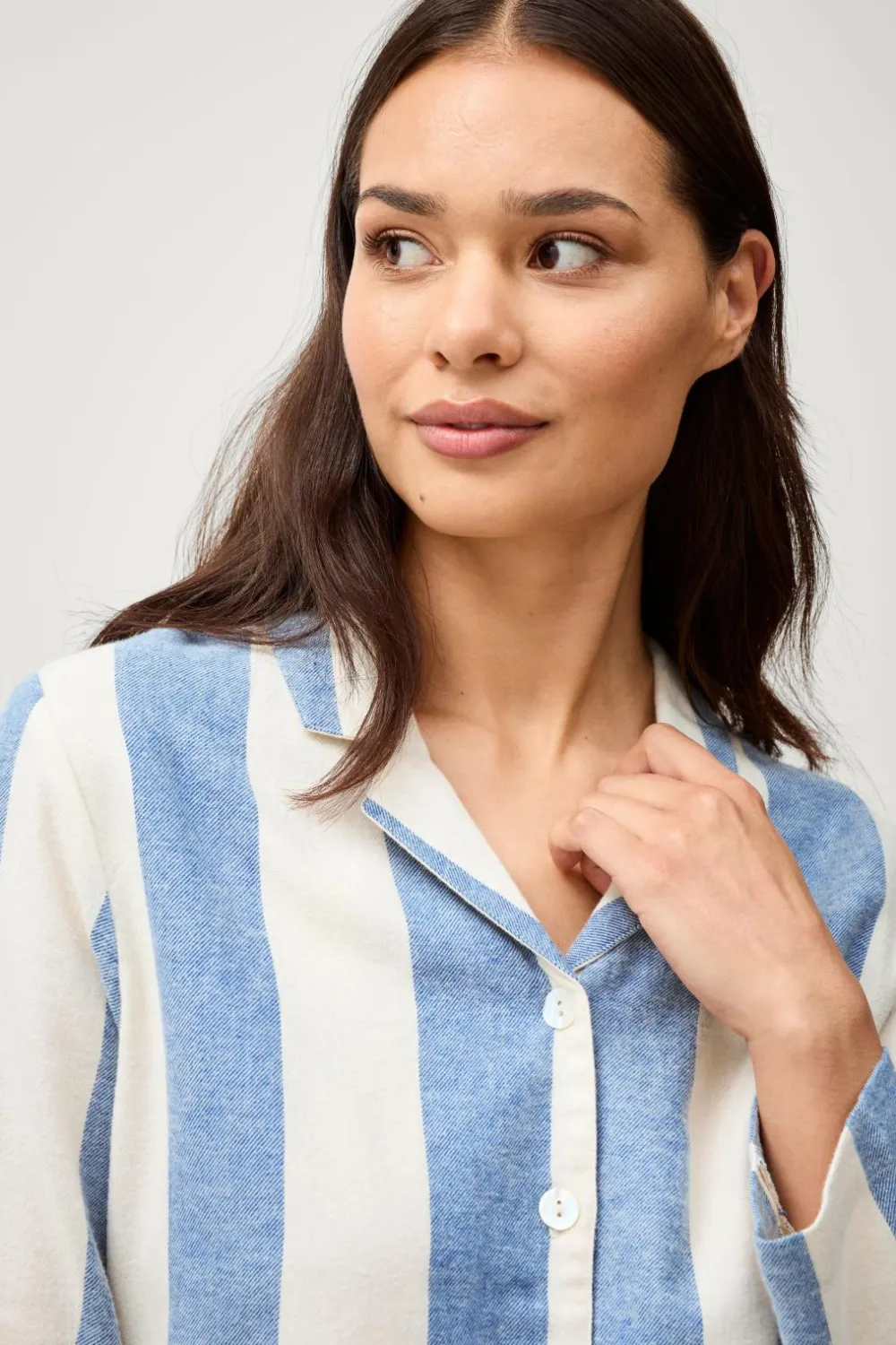 Ellos Homewear>Home Pyjamasskjorte Valerie Block Stripe Long Sleeve Blå/cremehvid