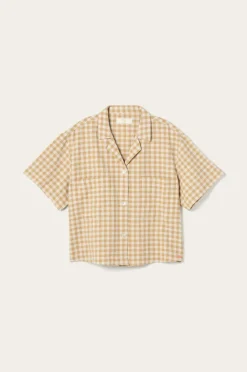 Ellos Homewear>Home Skjorte Elly Check Camp Collar i genanvendt halvlinned Guldgul