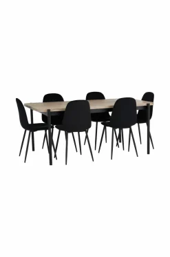 Ellos Home Spisebordssæt Gilda med bord 180x90 cm + 6 stole hvidlaseret bord / sort sammetsstole Online