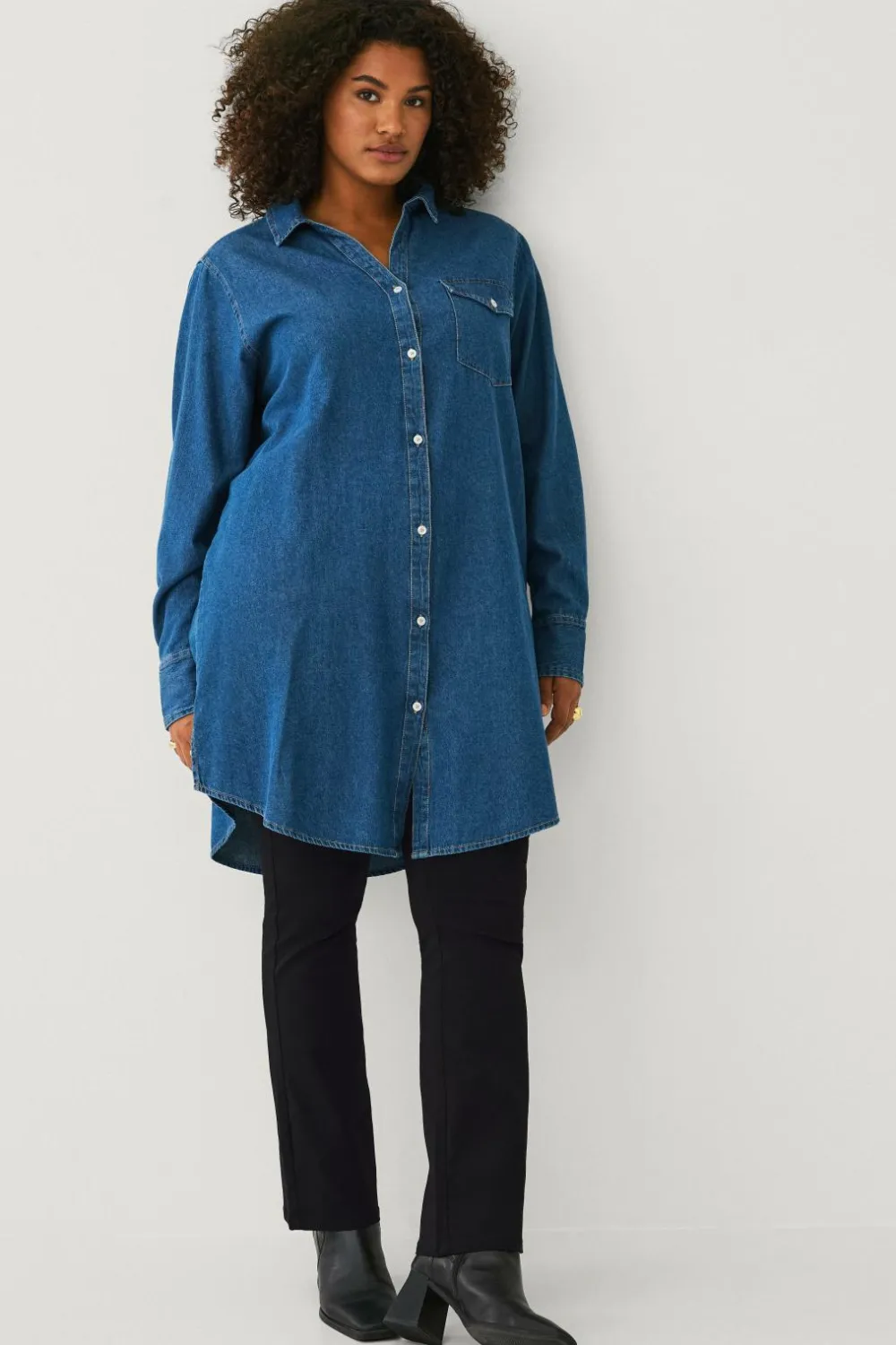 Ellos Skjorter & Bluser>Plus collection Lang cowboyskjorte Blå