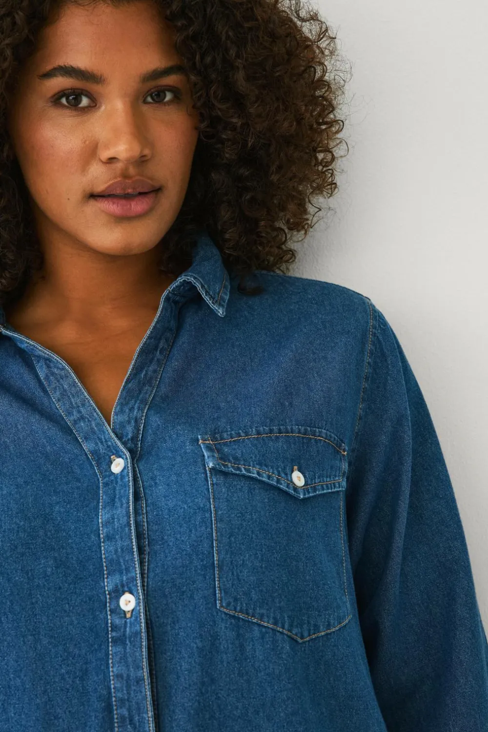 Ellos Skjorter & Bluser>Plus collection Lang cowboyskjorte Blå