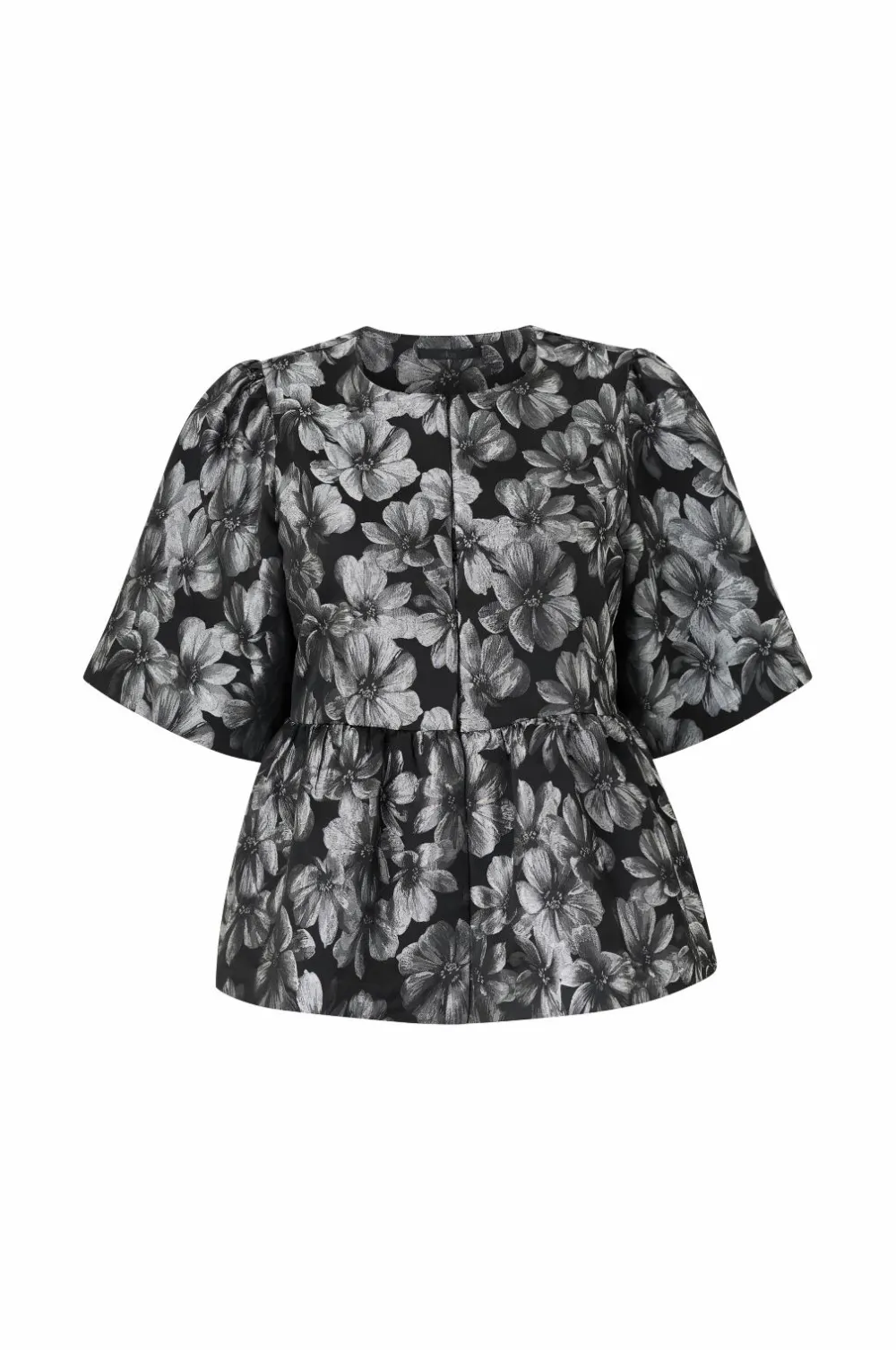 Ellos Plus collection Bluse med pufærmer sølv blommig Outlet