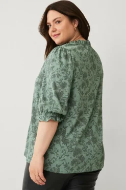 Ellos Plus collection Top med pufærmer Grønt blomsterprint Clearance