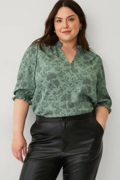 Ellos Plus collection Top med pufærmer Grønt blomsterprint Clearance