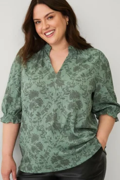 Ellos Plus collection Top med pufærmer Grønt blomsterprint Clearance