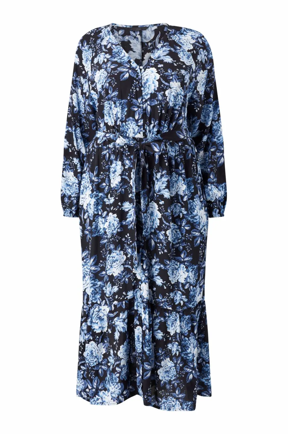 Ellos Kjoler>Plus collection Maxi kjole med volanter Blå blomstret