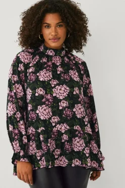Ellos Plus collection Chiffonbluse med flæser Rosa blomstret