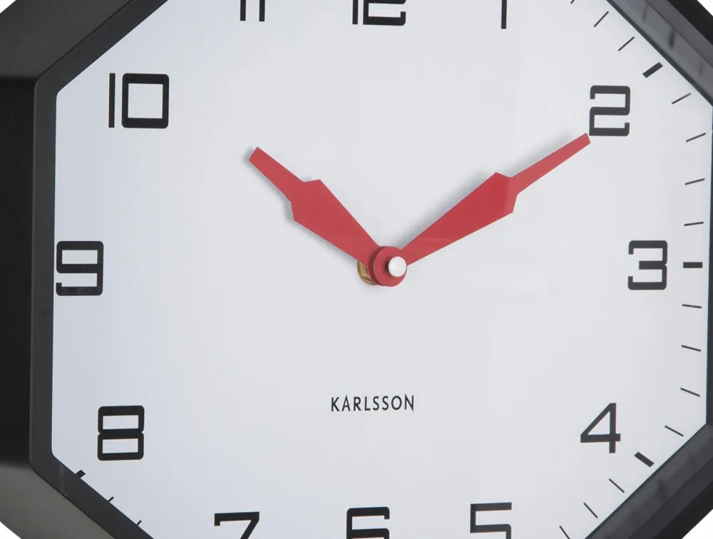 Karlsson Vægur Modern Factory Octagon Sort og lys rød New
