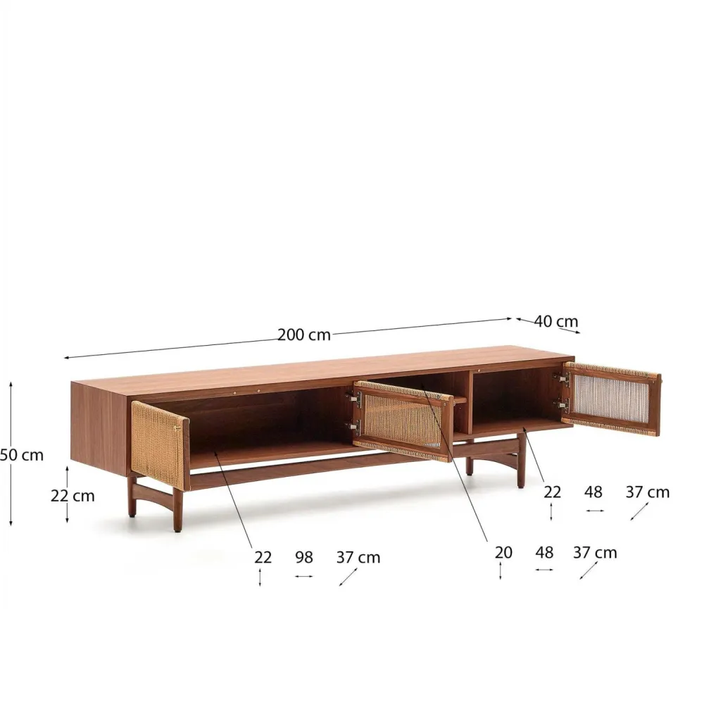 Kave Home Tv-Bænke>Elan Tv skab 3 døre finer og massiv valnød og snor 200 x 50 cm Fsc 100% Fsc Naturligt