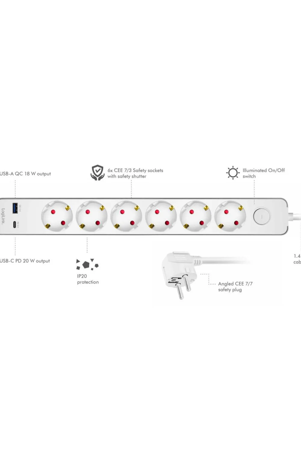 LogiLink Lampetilbehør>Forlængerledning 6-vejs + USB-A/USB-C No color