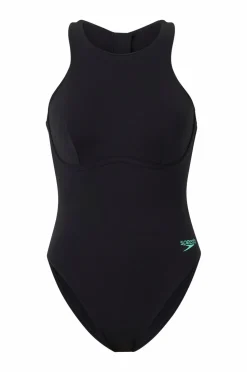 Speedo Badedragt Womens Racer Zip Swimsuit with Built in Swim Bra Black Outlet