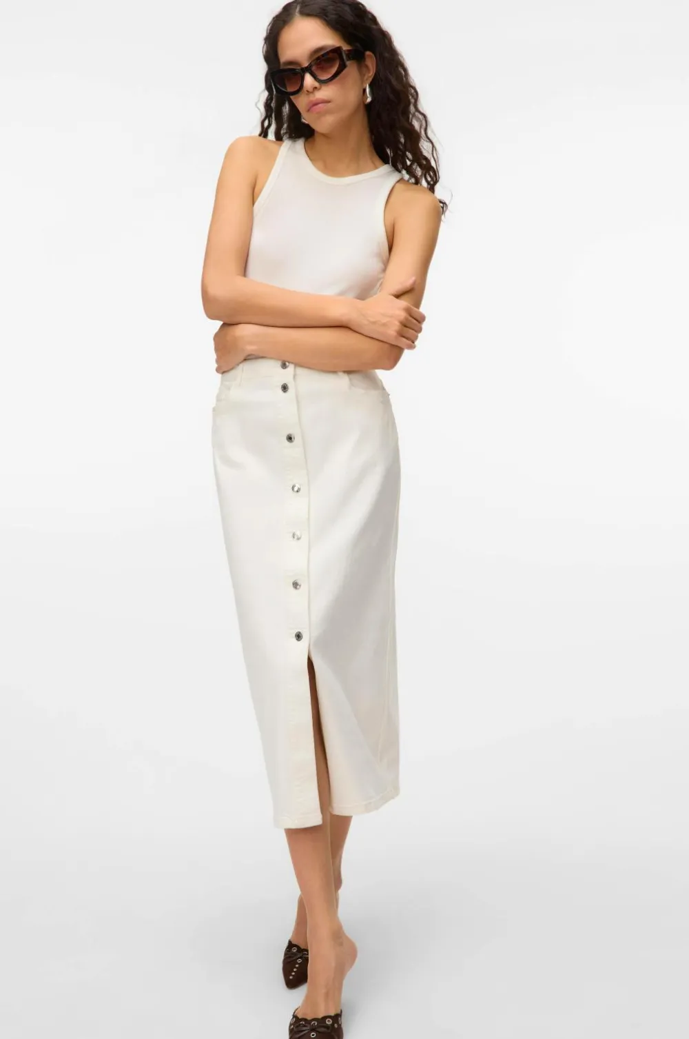 Vero Moda Nederdele>Cowboynederdel vmWild Alvida Button HR 7/8 Clr Sk Snow white
